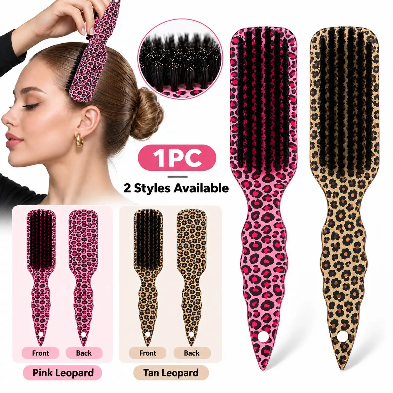 Slick Back Hair Brush, Curly Hair Brush, Smooth Hair Styling Brush with Plastic Handle and Soft Bristles, for Flyaways, Edges, Ponytails & Buns, Suitable for Natural Curls and Straight Hair, 2 Colors Available
