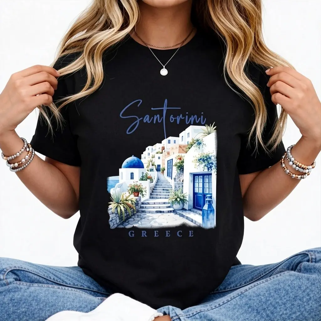 Women's Santorini Greece Pattern Printed T-Shirt - White Short Sleeve Casual Crew Neck Top, With Blue Domed Roofs And Lush Greenery Design, Lightweight Spring/Summer Travel Souvenir, Single's Party Gift, Spring Casual Wear | Vibrant Graphic Tee