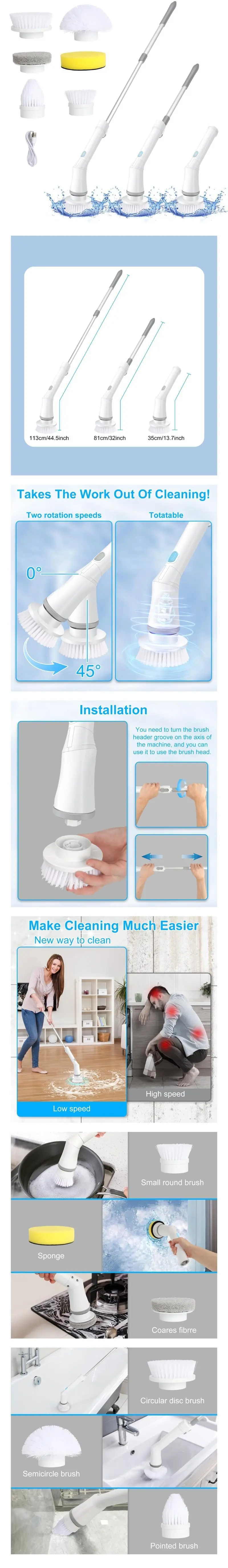 Product Introduction of Electric Spin Scrubber for Summer Gift, Handheld Shower Scrubber, Spinning Scrub Brush with Comfortable Adjustable Handle, Bathroom Scrubber, 360° Cordless Household Cleaning Brush for Windows, Electric Spin Scrubbers, Cleaner, Portable, Durable 9