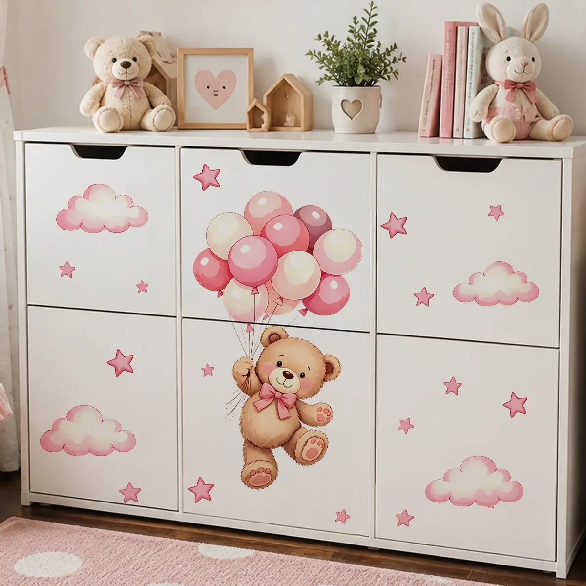 Up, Up & Away Teddy Bear Wall Decal, Balloon Cloud and Star Nursery Sticker, Removable Vinyl Wall Art for Baby Girls Room, Kids Bedroom