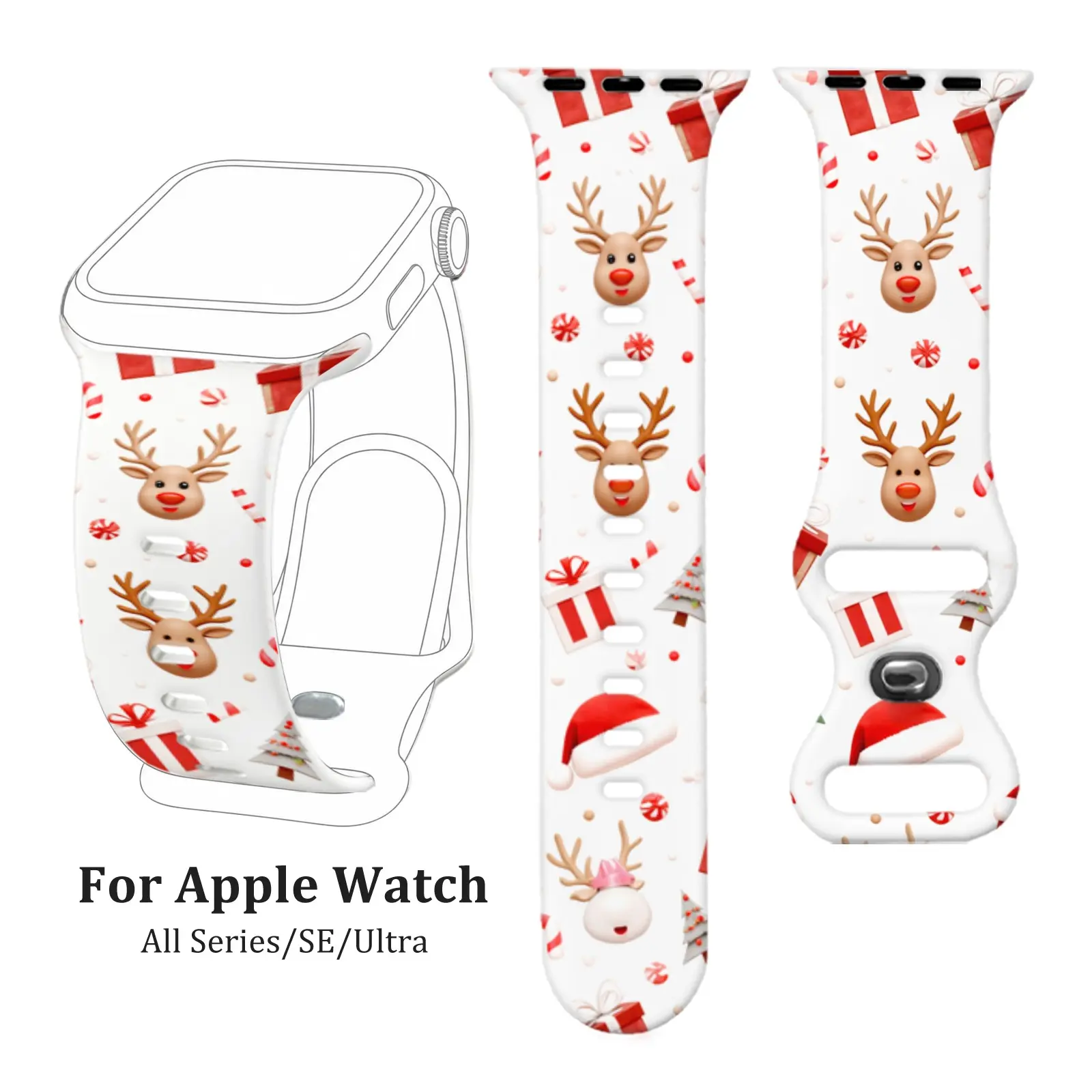 Christmas Reindeer Gift Candy Print Silicone Strap, Waterproof Sweatproof Soft Fit, For Apple Watch Series 4/5/6/7/8/9/10 SE1/2 Ultra1/2/3, Women Men Teens, Winter Party Travel, Christmas Gift