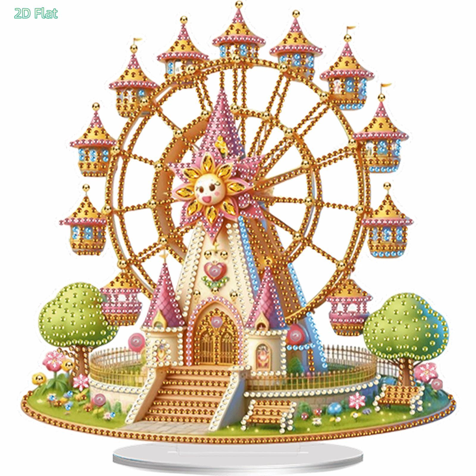 2D FLATAcrylic 2D Flat Print Castle Ferris Wheel DIY Diamond Painting Tabletop Ornaments Kit Table Top Diamond Painting Ornament Kits for Home Office Desktop DecorDIY Diamond Painting Kit for Adults & Beginners, Sparkling Art & Perfect Festive Gift