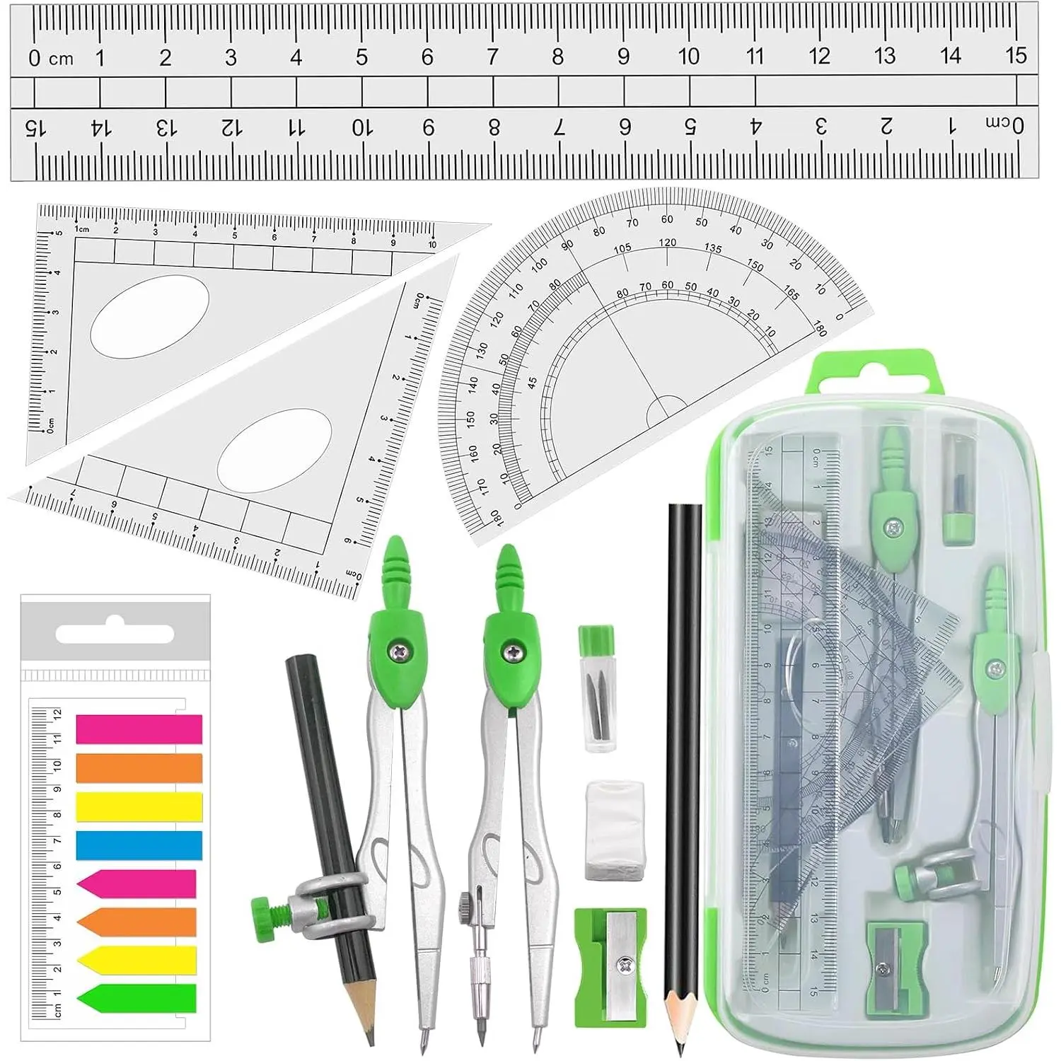Geometry Compass Kit Starter Maths Set with 2 Drafting Compasses Protractor Set Squares Ruler and  for Students Maths Study, Green