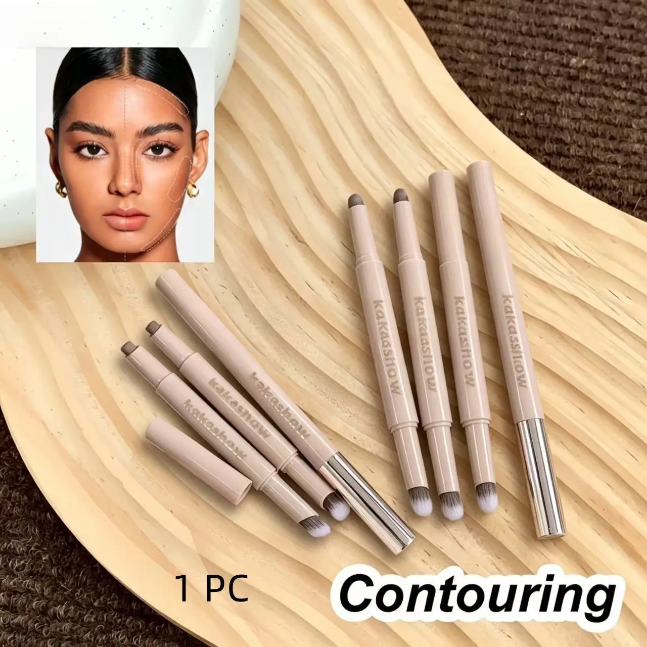 Double-ended 3D contour stick, Facial contouring makeup, highlighting and concealer stick, smooth texture 3D nose shading, sculpting and brightening, long-lasting and easy to apply, with a brush tip, for natural nude makeup look