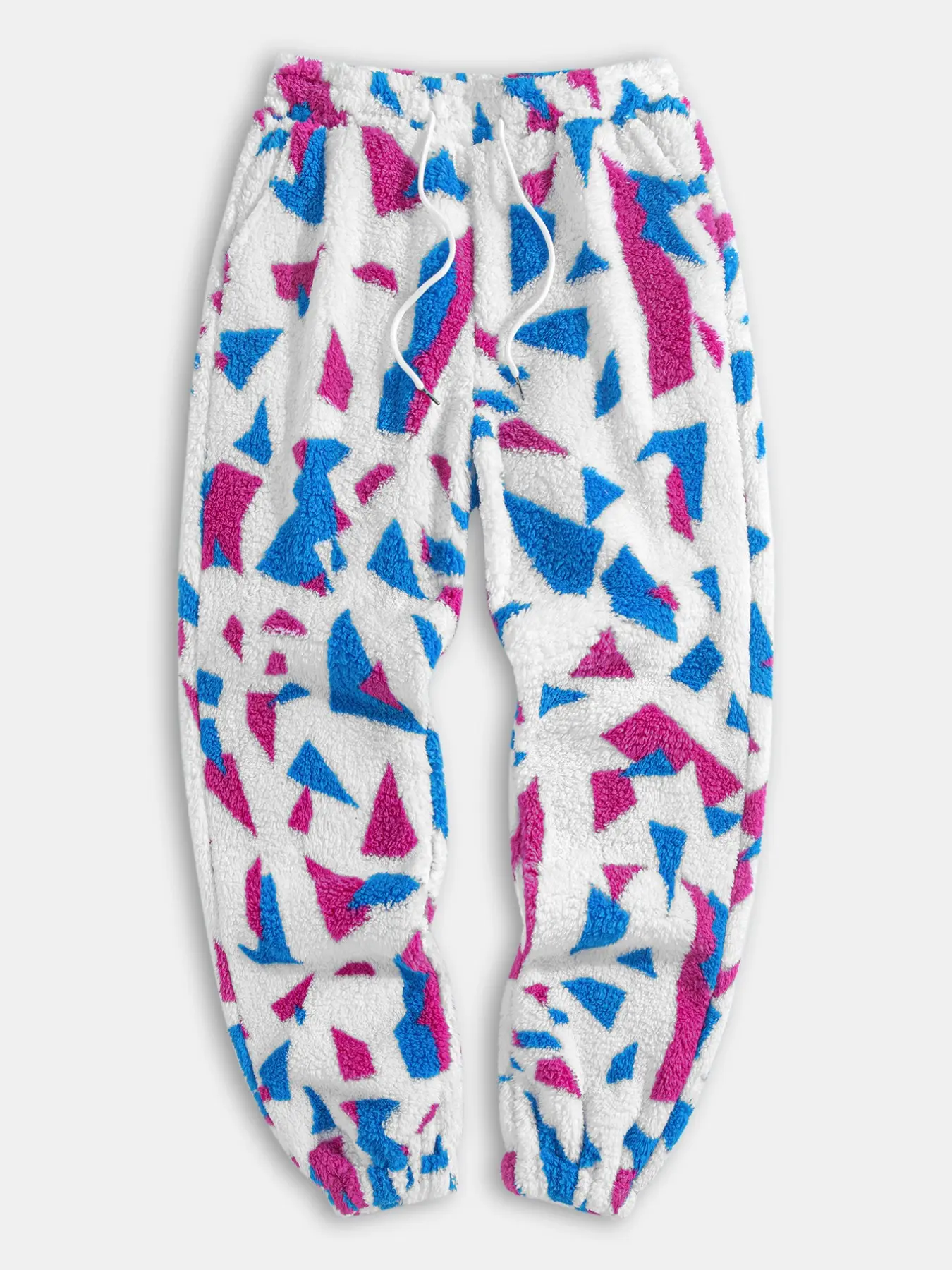 Abstract Triangle Fluffy Fleece Joggers for Men, Elastic Waist Casual Ankle Pants, Cozy Warm Trousers for Sleep Lounge Walking