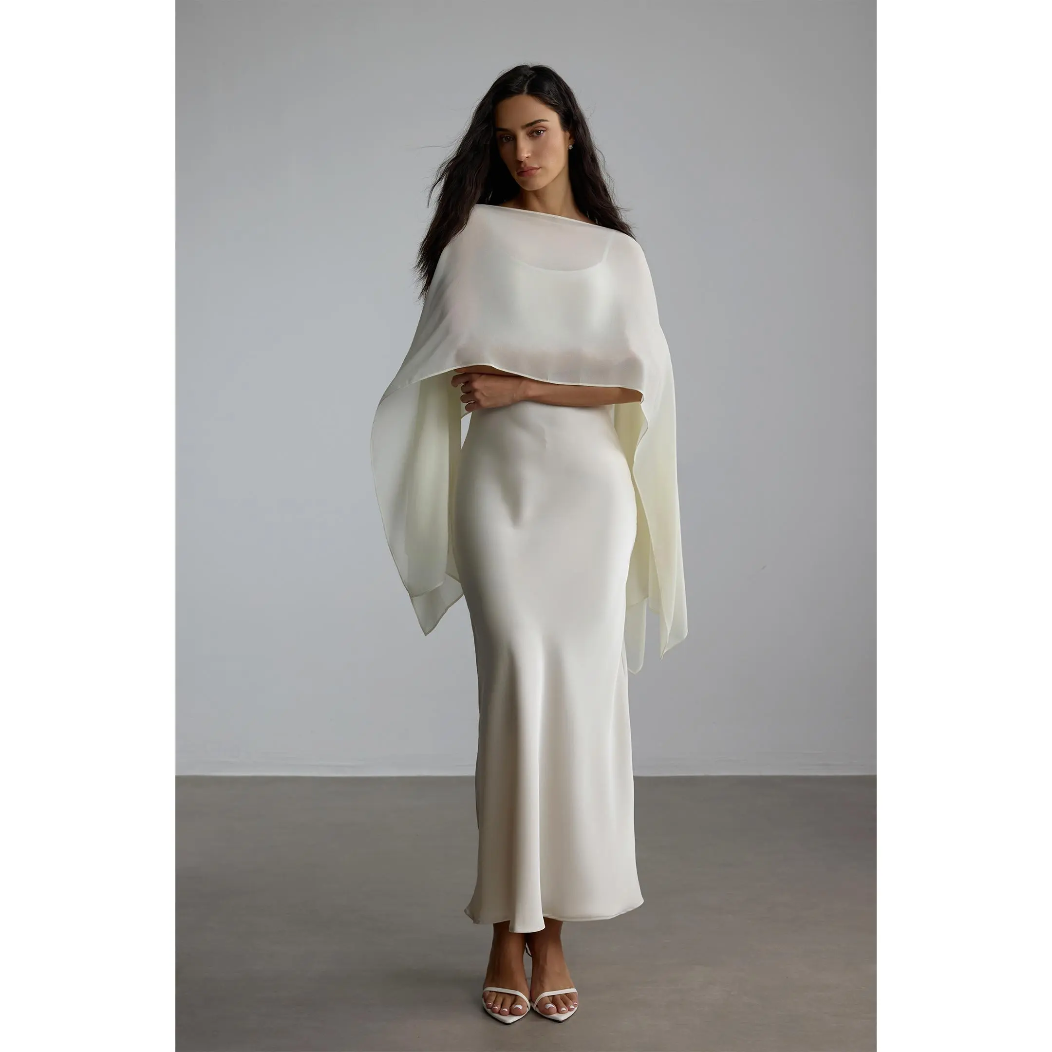 Sunfere Spaghetti Strap Maxi Dress With Cape Blouse - Earthy Tones Crepe Chiffon Modest Elegant, Eid Celebration Wedding Guest Evening Gown