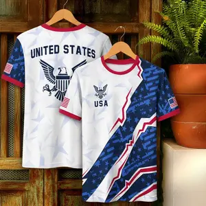 Premium White Blue Red USA Eagle Star Soccer Shirt, Patriotic Football Top with Geometric Star Pattern, Stylish Outfit for Football Enthusiasts # USASoccerShirt # AmericanHeritageFootballTop # ModernPatrioticTee # SportyCasualWear # SoccerShirt