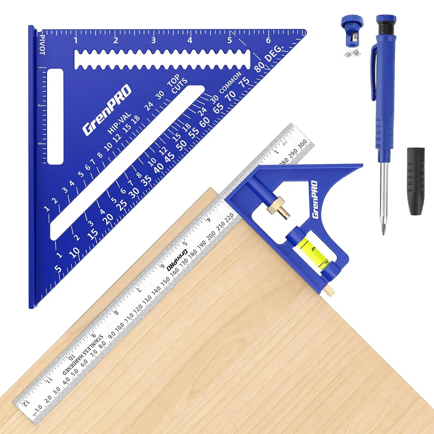 Combination Square Set, 7 & 12 Inch  Zinc Carpenter Tool | Stainless Ruler & Scriber Included, 2-in-1 Pencil Ensures Accurate Layouts for Woodworking