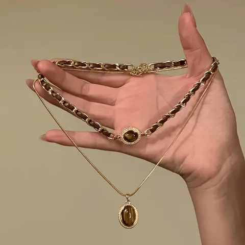 2pcs Vintage Bohemian Malachite Heart & Tiger Eye Stone Tassel Necklace, Simple Sweater Chain Accessory for Women, Elegant Jewelry Gift Idea, Suitable For Women For Party, Date Or Valentine's Day Gift,Gift