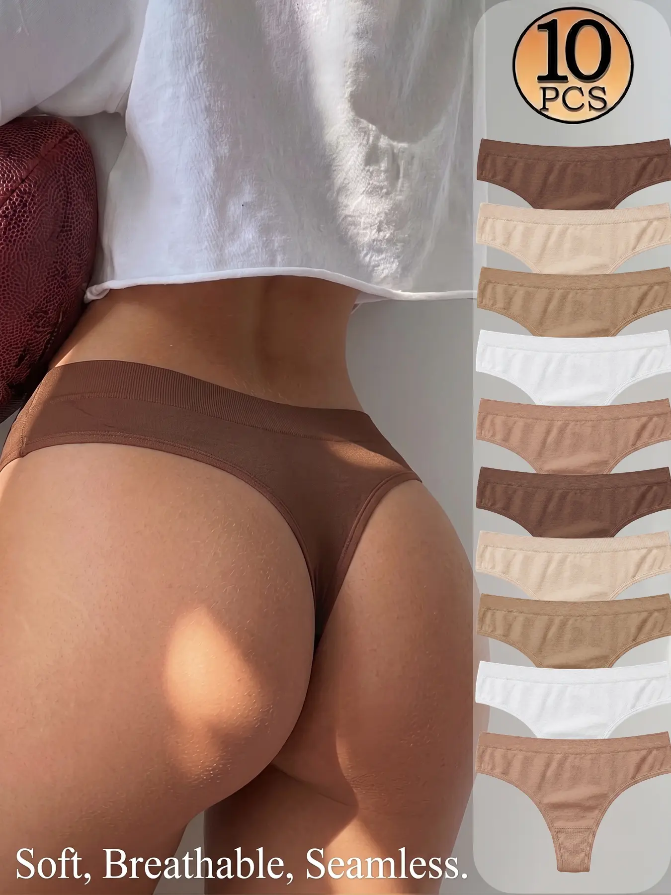 10 Women's Low-Waist Thongs - Soft and Breathable, Solid Color Simple Women's Underwear, Women's T-Back Panties, Women's Lingerie, Ribbed Elastic Comfortable Opaque Casual Wear, Daily Essentials, Seamless, Plain Panty