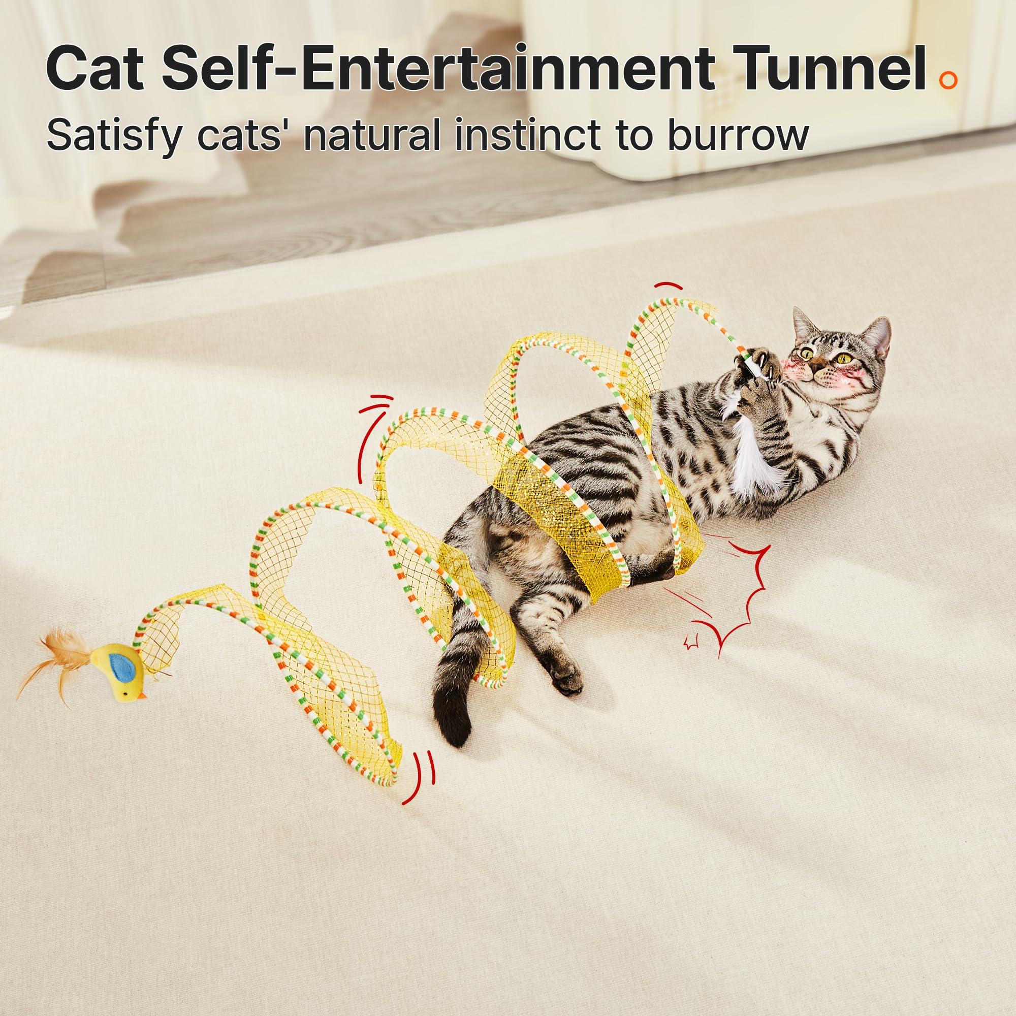 Spiral Tunnel Cat Toy, Cat Self Play Spiral Kitten Collapsible Spring Tunnel Toy for Indoor Cats with Feather and Bell, 20 Inches Unfolded