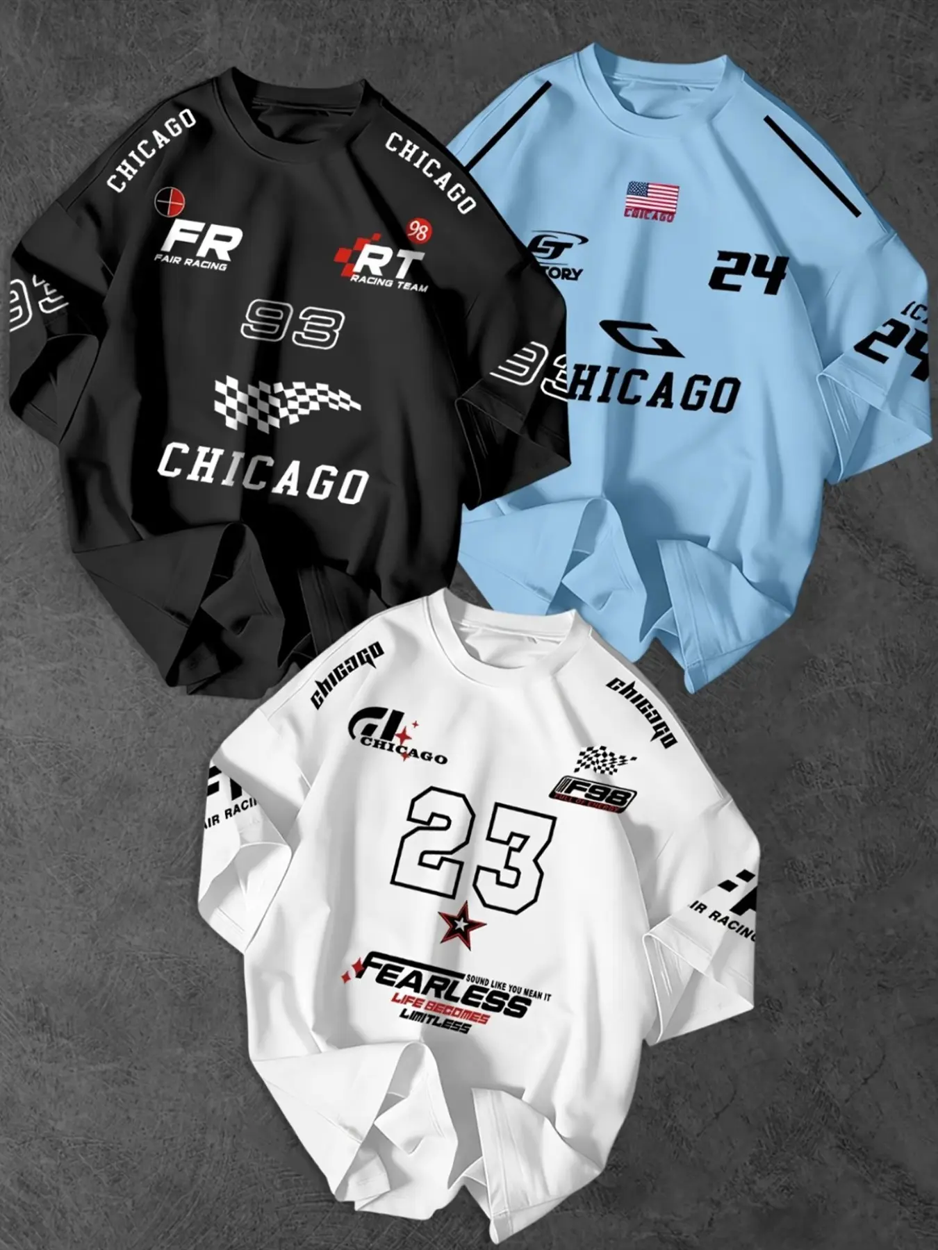 American Chicago Racing Number Flag Print Men's Short Sleeve T-Shirt, Vintage Motorcycle Style, Aesthetic, Loose Fit, Oversize, Baggy, Long Sleeve, Multiple Colors Available
