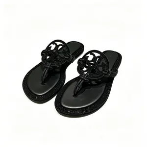 2026 New Women's Luxury Black Bling Rhinestone Hollow Circle Thong Flip Flops, Soft Padded Insole, Flat Non-Slip Slide Sandals, Ideal for Summer Beach, Party, Daily Casual Wear (women sandals)