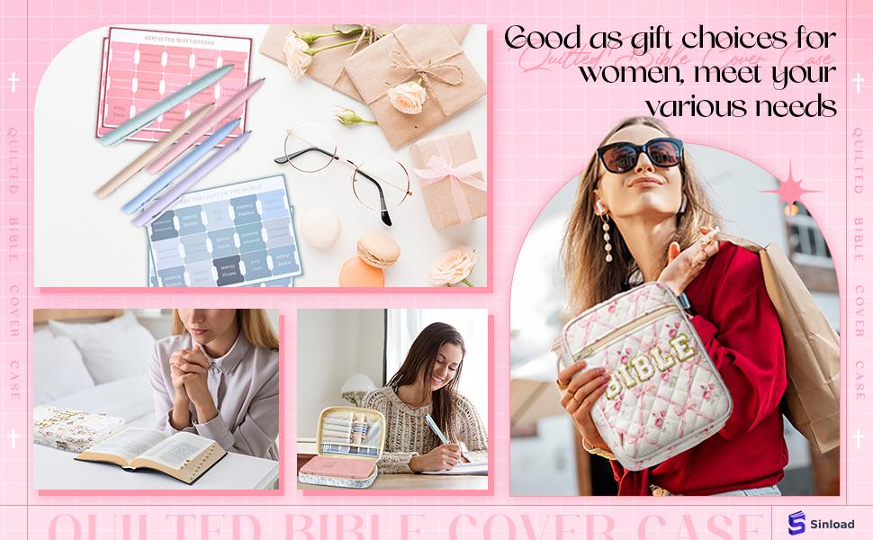 Large Bible Cover Case for Women, Bible Study Supplies Journaling Kit Chenille Letter PU Leather with Tabs Gel Pen Highlighters with Strap Easter Mothers Day Christian Gifts for Women Mom(Flower)