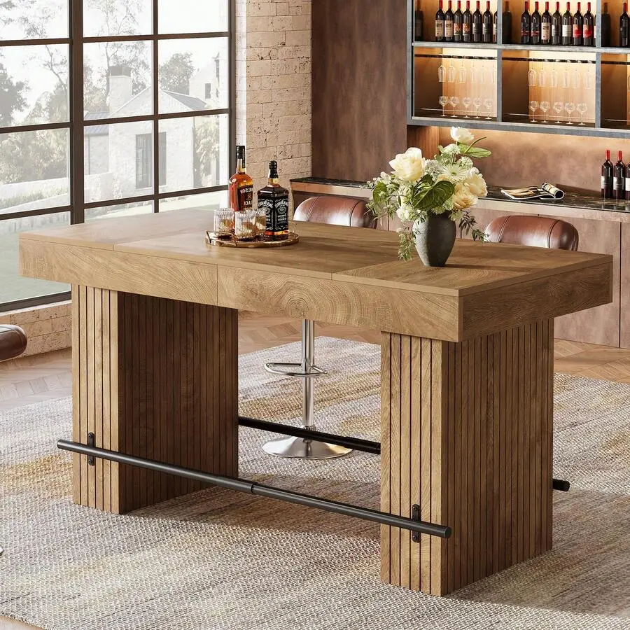 63-Inch Industrial Counter Height Table - Rectangular Home Bar Unit with Metal Footrest, MDF Textured Top, for 4-6 People, Light Brown Indoor Dining Furniture, Easy Install for Happy Hour at Home, Watch Party, Slatted Base