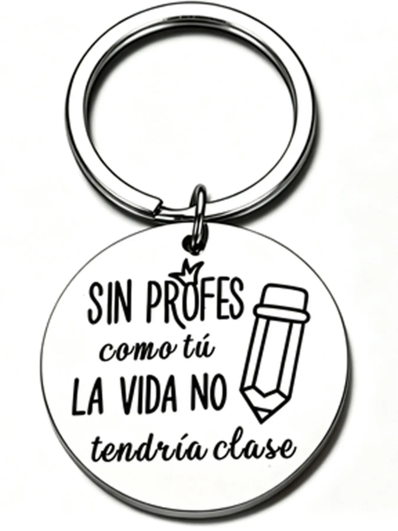 1pc Spanish Quote Pencil Crown Round Stainless Steel Keychain, Teacher Appreciation Gift For Hispanic Countries
