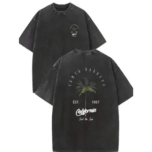 Men's Washed Print Graphic Tees-"Santa Barbara California" Palm Tree Groove Clothing 100% Pure Cotton Double-Sided Printed T-Shirt, Suitable For Men And Women, The Best Gift For Summer Casual Short Sleeved T-Shirt-Streetwear Y2K 100 Percent Cotton Tops, G