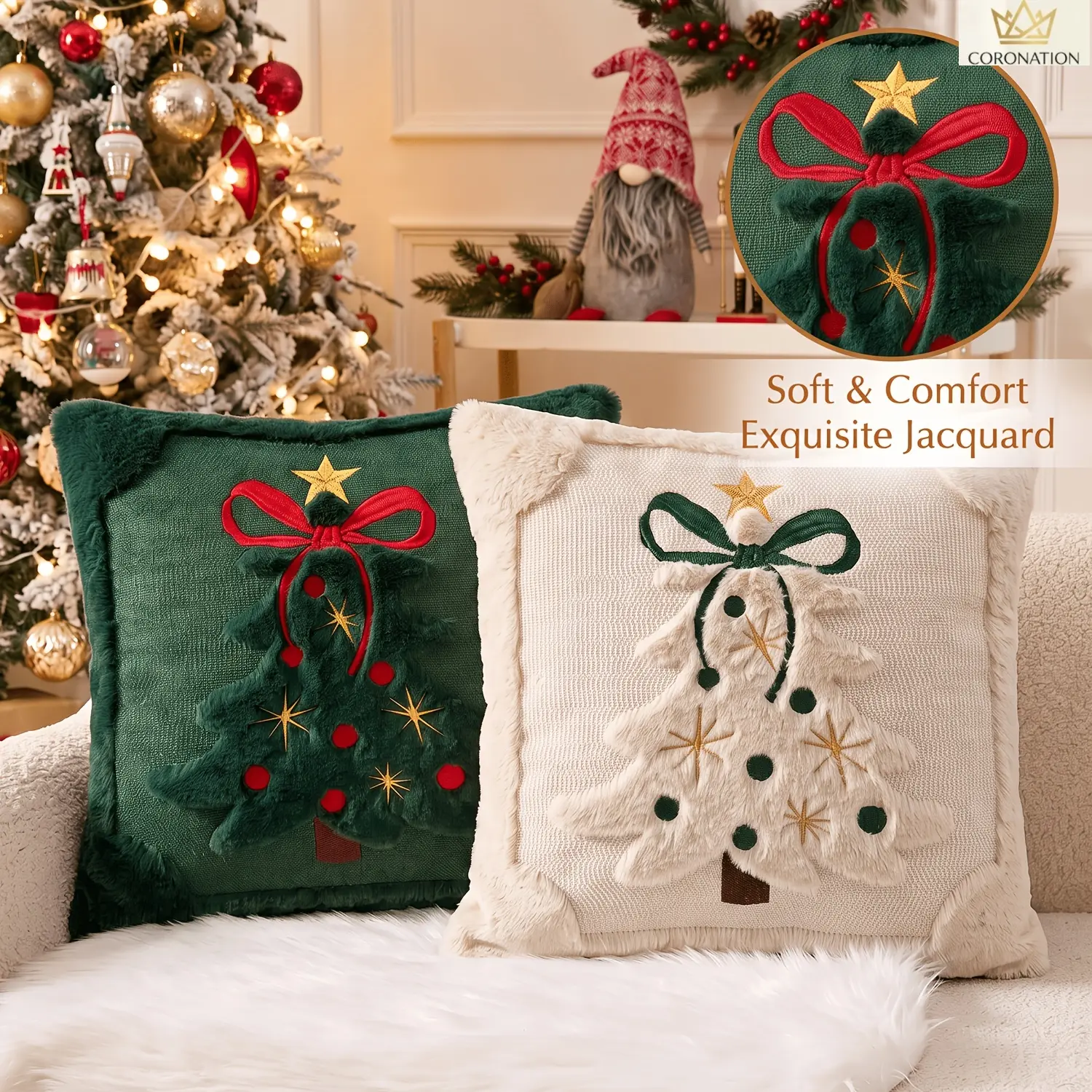 2-Pack Christmas Pillow Covers, Cozy Holiday Home Decor Cushion Cases with 3D Jacquard Tree Bow & Star Design, Soft Plush Embroidered Throw Pillow Covers for Farmhouse Sofa Living Room Bedroom Decor, 18x18 Inch (No Pillow Insert)