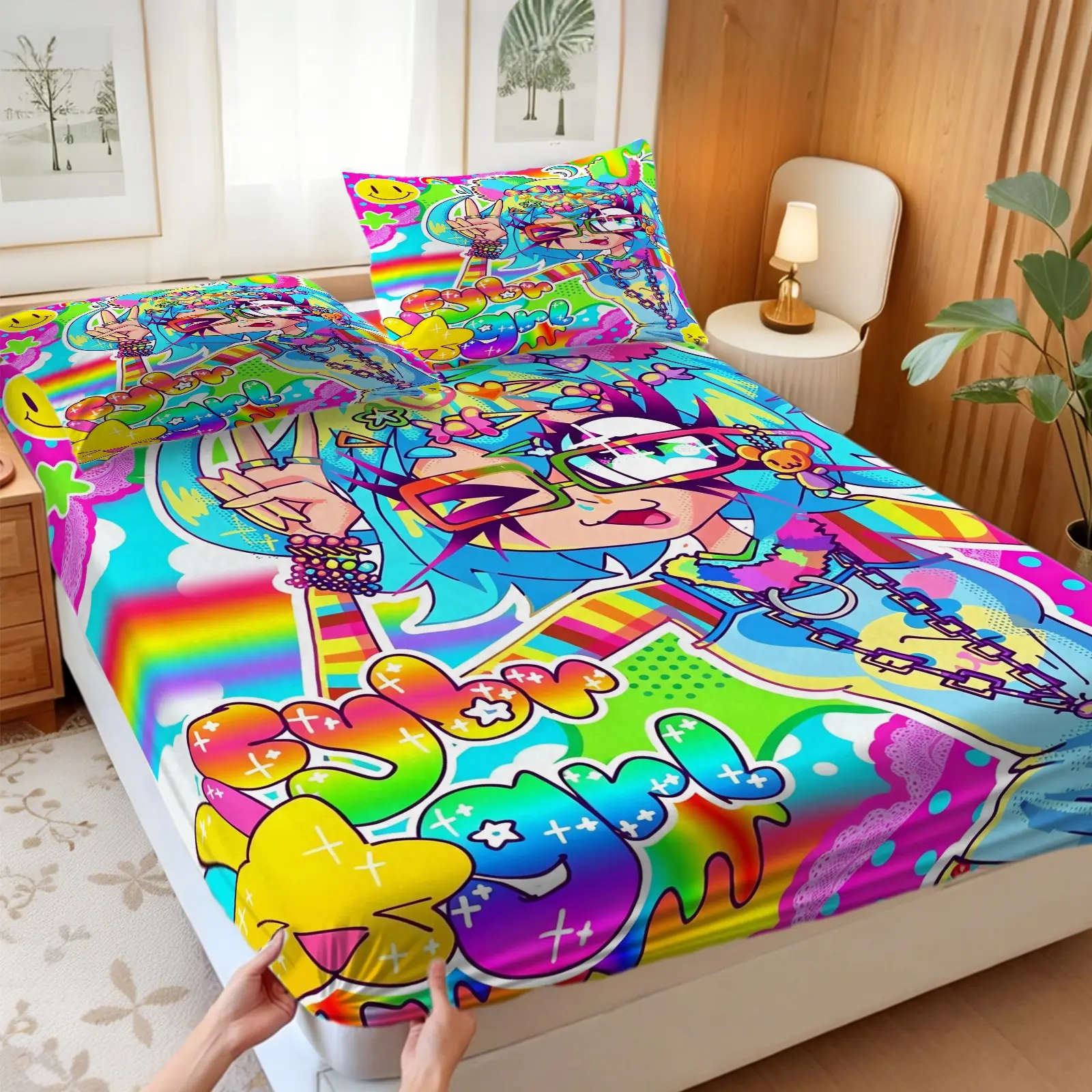 3Pcs Y2K Rainbow Neon Cartoon Print Fitted Sheet Set, Vibrant Anime Bed Sheet Set, Bold Colorful Bedding Set with No Fillers Creates Playful Energetic Retro Vibe for Teens, Y2K Lovers & Anime Fans, Perfect for Bedroom, Dorm & Game Room Decor, Bedsheet