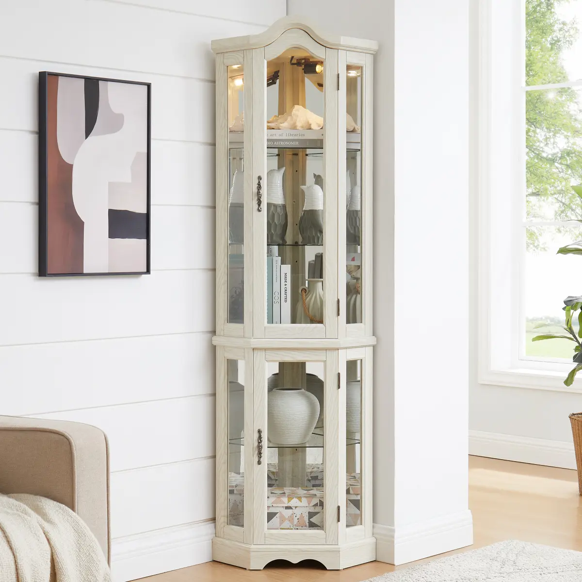 Vintage Corner Glass Curio Display Cabinet, Push-to-Open Glass Doors with Carved Handles, Adjustable Tempered Glass Shelves Built-in Lighting, Acrylic Back Panel Freestanding Collectible Showcase for Living Room