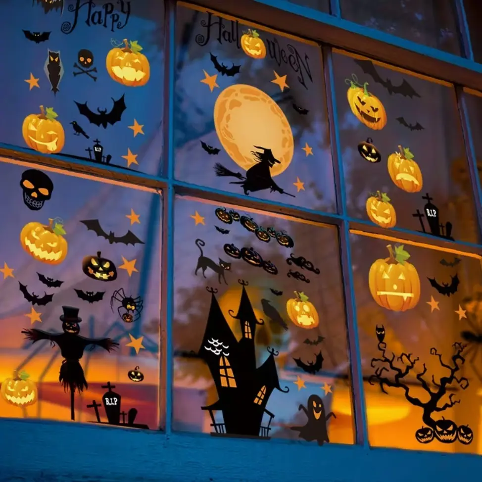 8 Sheets Pumpkin Witch Tree Halloween Party Window Clings，Spooky Halloween Window Decals，Window Clings for Party & Home Static Decals for Decor，halloween window sticker