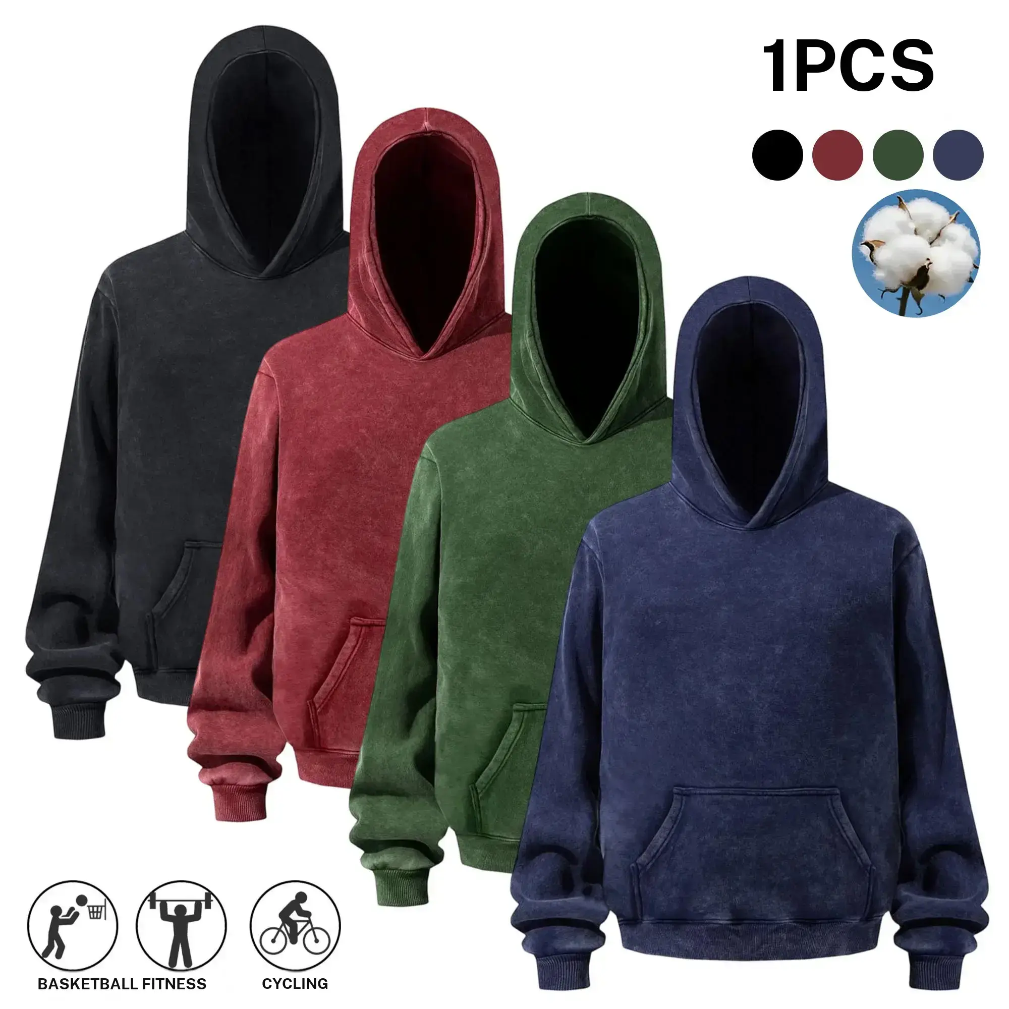 Men's cotton pullover hoodie for spring/autumn, vintage acid wash solid color, loose casual sweatshirt with pockets—suitable for everyday wear, commuting to work, streetwear, and sports. fall clothes stylish top