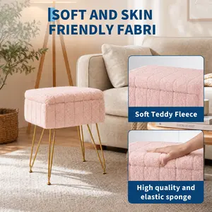 Vanity Stool with Storage, Faux Fur Ottoman with Metal Legs and Anti-Slip Feet,   Foot Rest for Makeup Bedroom Living Room