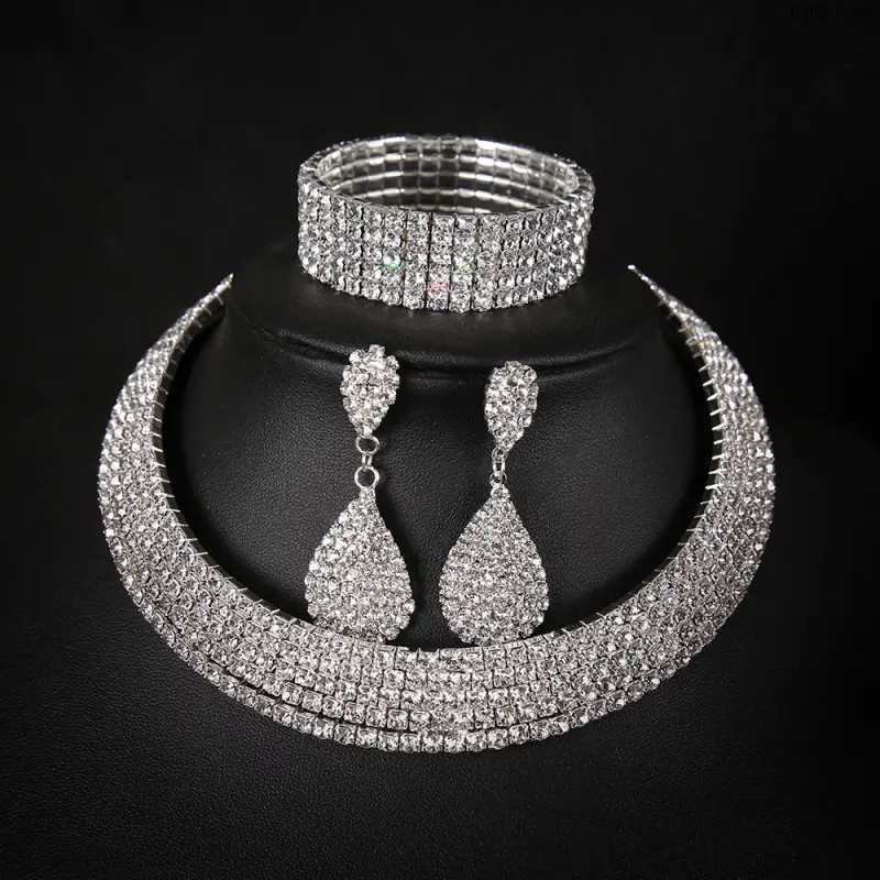 Silver‑Tone Rhinestone Jewelry Set, Sparkly Crystal Choker Necklace Dangle Earrings Wide Bracelet, Wedding Bridal Formal Party Jewelry Set for Women