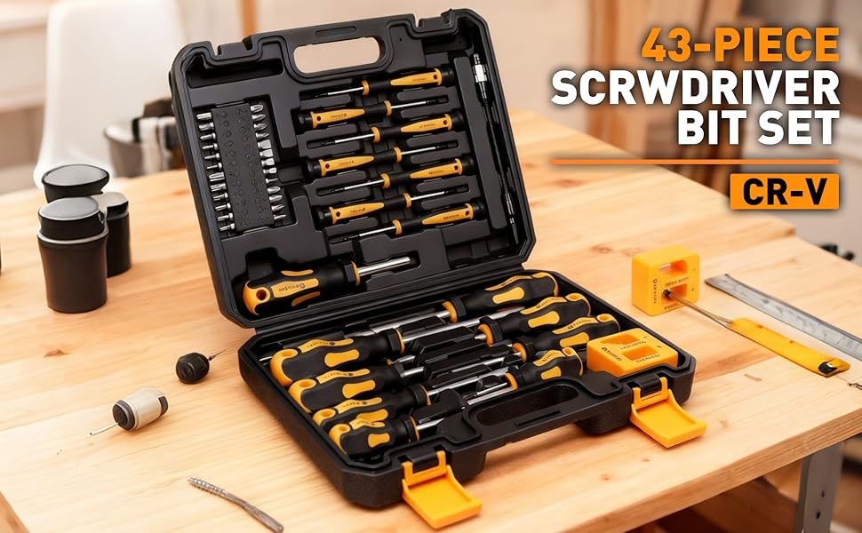 Magnetic Screwdrivers Set with Case, Amartisan 43-piece Includs Slotted, Phillips, Hex, Pozidriv,Torx and Precision Screwdriver Set, Magnetizer Demagnetizer Tools, Tools for Men