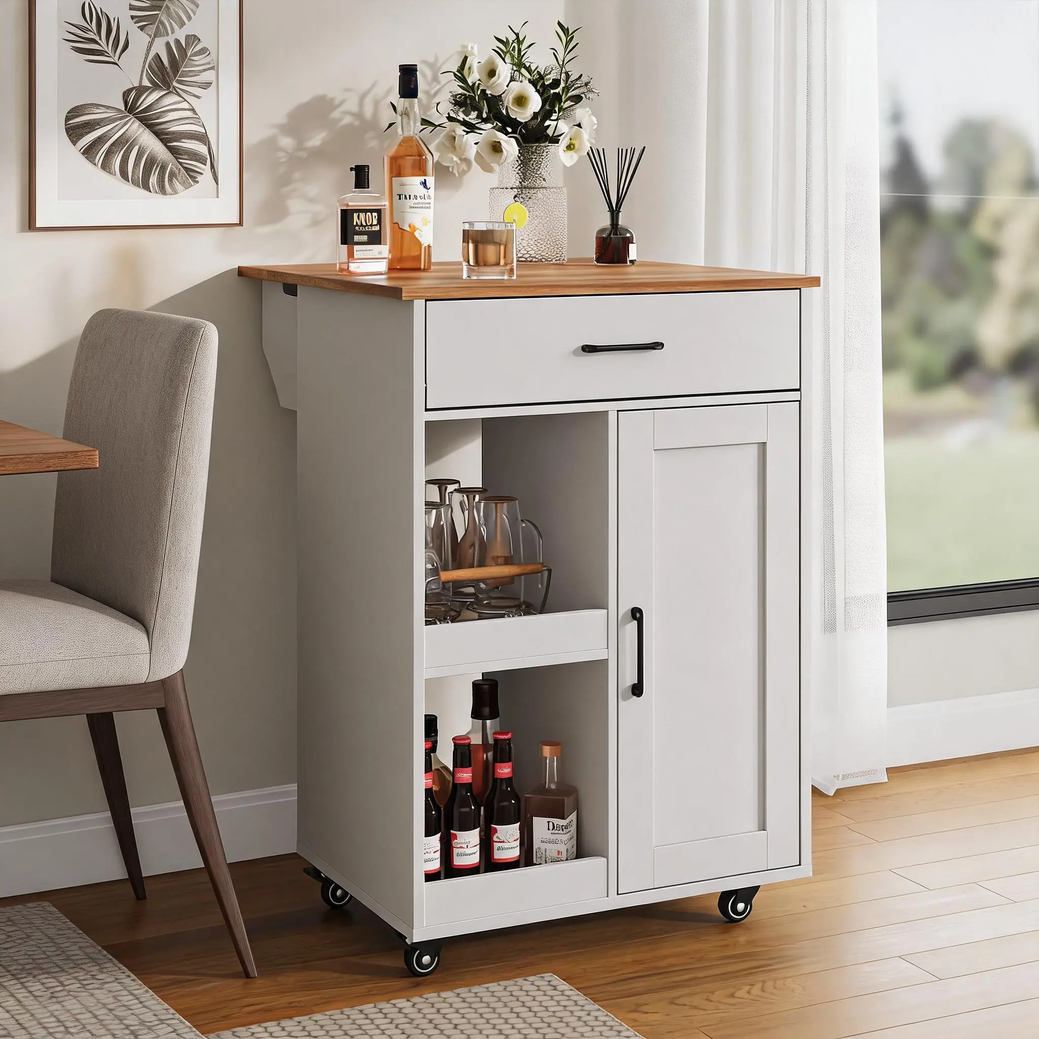 Garvee Rolling Kitchen Island Cart With Storage, Drop Leaf And Spice Rack, 23.7 Inch Wide Expandable Mobile Counter, Practical Organizing Furniture, Functional Prep Solution For Compact Small Kitchen Interior Spaces