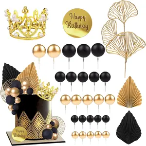 Crown Tiara Cake Toppers Happy Birthday Cake Decorations for Boho Wedding Birthday Baby Shower Party Decorations (Black Gold)