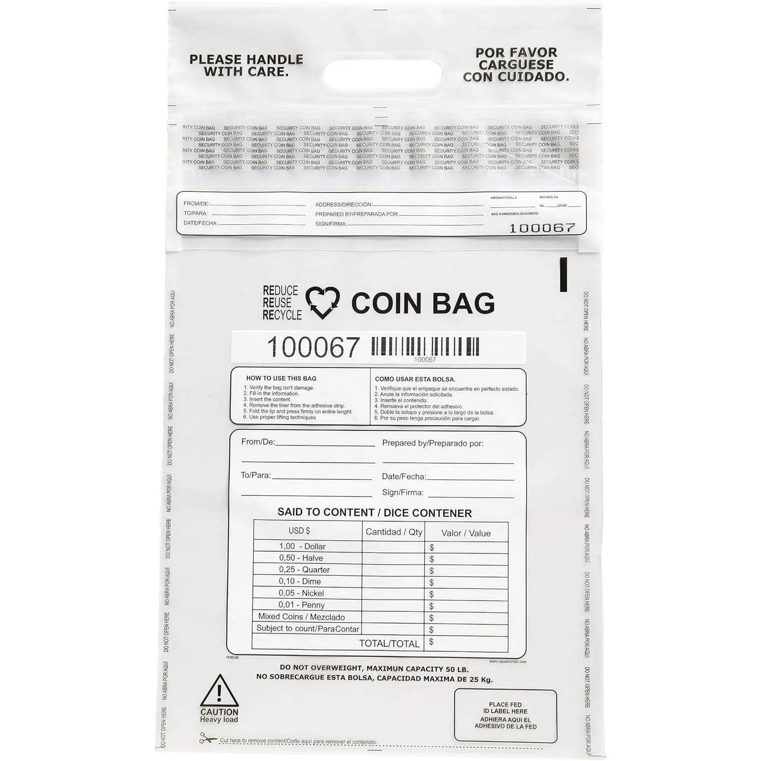 Clear Plastic Coin Bags 12.5" x 21.5" | 50 lb Capacity | Sequential Barcode, Self-Sealing, Permanent Adhesive | Ideal for Coins & Casino Chips | 50-Pack