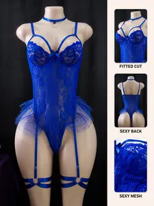 Women's Lace Trim Lingerie Underwear Set 4pcs (body Suit + Neck Ring + Leg Rings), Elegant Floral Print, Perfect for Parties & Valentine's Day baddie clean girl style computer love bra