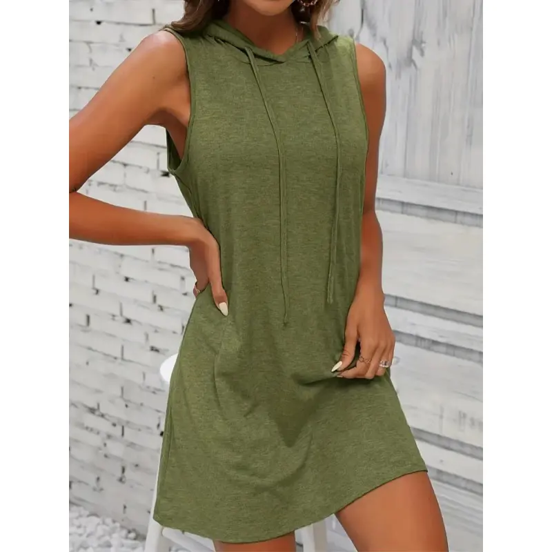 Casual Knit Dress for Women, Solid Hooded Sleeveless Tunic with a Drawstring Tie Waist, All Seasons Mini Length for Daily Wear