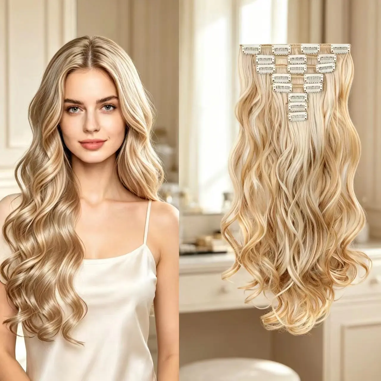 Large Wave Long Curly Hairpiece Set, 8-Piece Clip-In Invisible Hair Extensions, Seamless Hair Add-Ons for Natural Look