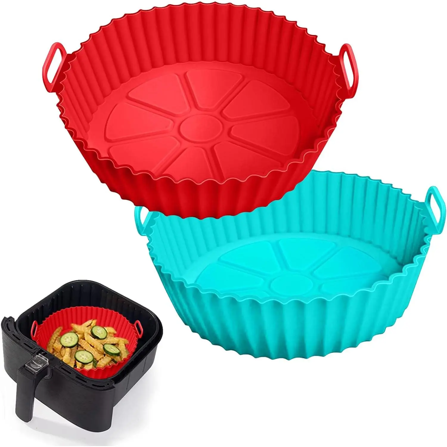 2-Count Food-Safe Heatproof Air Fryer Silicone Liners Set, Fits 5QT+, Raised Ridges, Parchment Paper Replacement, Reusable Oven Baking Tray Accessory, Red+Blue (Top 8.66in, Bottom 7.48in), Top 8.66"