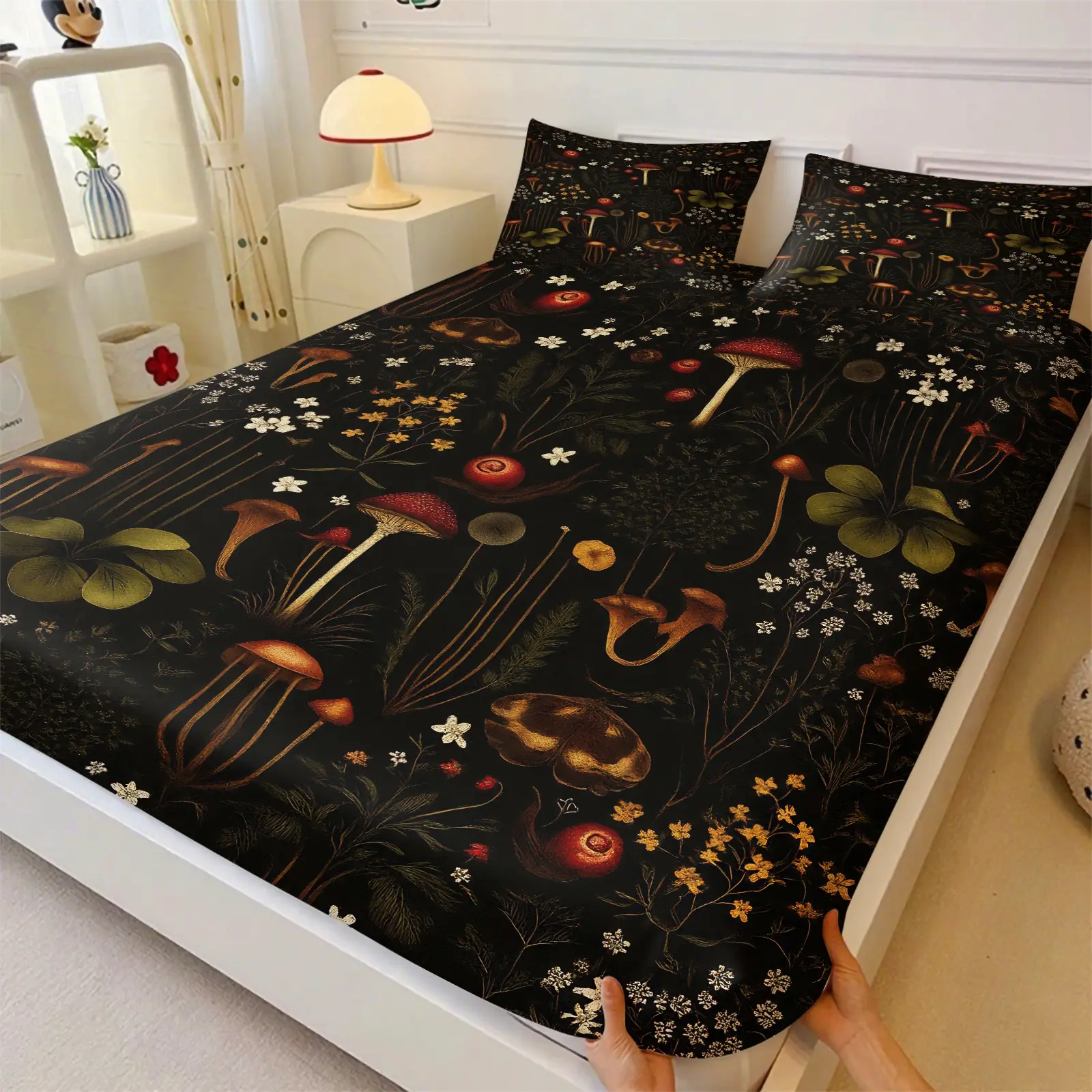 Mystical Woodland Mushroom Fitted Sheet Set, Vintage Fungi Botanical Bed Sheets Set, 1 Fitted Sheet & 2 Pillowcase No Filling, Enchanted Gothic Bedding Set, For Bedroom Teens Adults Cottagecore Fans