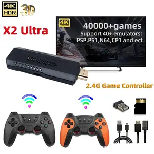X2 Ultra 4K HD TV Game Stick With Dual 2.4G Wireless Controllers, 64G/128G/256G Built-In 40000+Retro Classic Games 40+ Emulators Plug & Play TV Game Console, Portable PSP PS1 N64 CP1 Arcade Family Gaming System