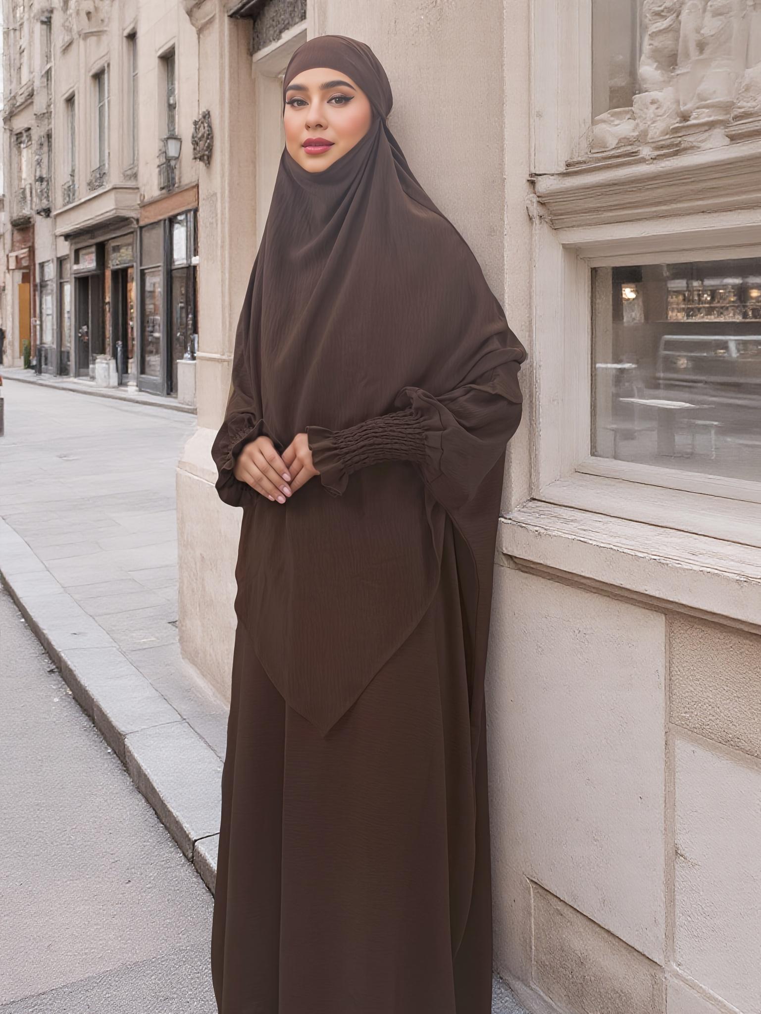 Plus Size - Plus Size - Plus Size, Two-Piece Khimar And Abaya Prayer Jilbab Suit: Fashionable& Elegant Vacation Set - Pure Color Easy Single-Layer Headscarf+ Light, Breathably Comfort Horn Sleeve Loose Dress for Women