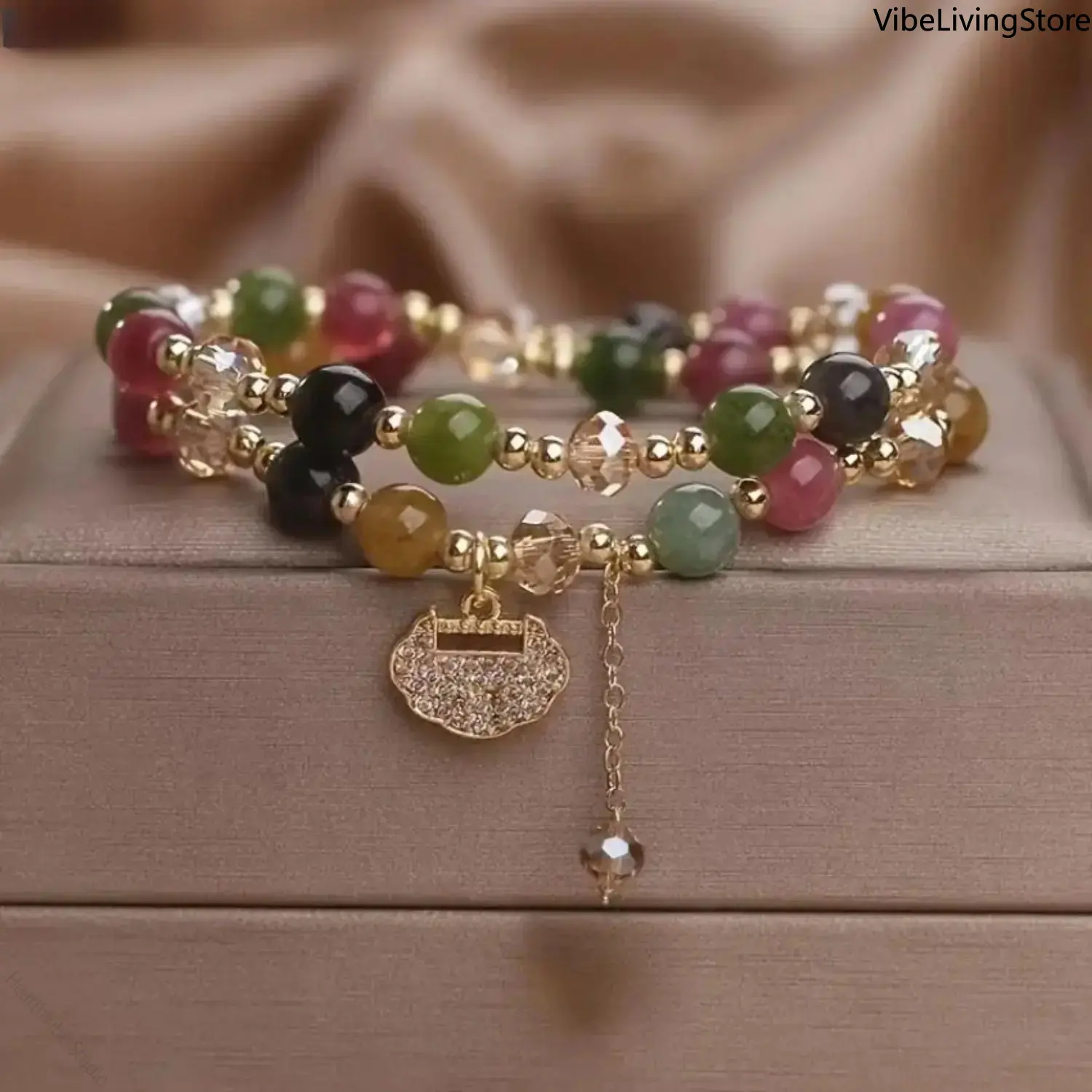 Unisex Fashion Bracelets - Sports Wristband with 2026 Double-Layer Rainbow Tourmaline Round Beads, Natural Stone Boho Jewelry, Longevity Lock, 7-Colored Resin Accent, Stackable for Daily Wear & Gifting