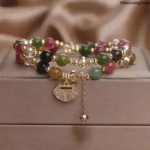 Fashion Round Bag Charm - 2026 Double-Layer Rainbow Tourmaline Round Bead Bracelet, Natural Stone Boho Jewelry with Longevity Lock, 7-Colored Resin Accent for Daily Wear & Gifting