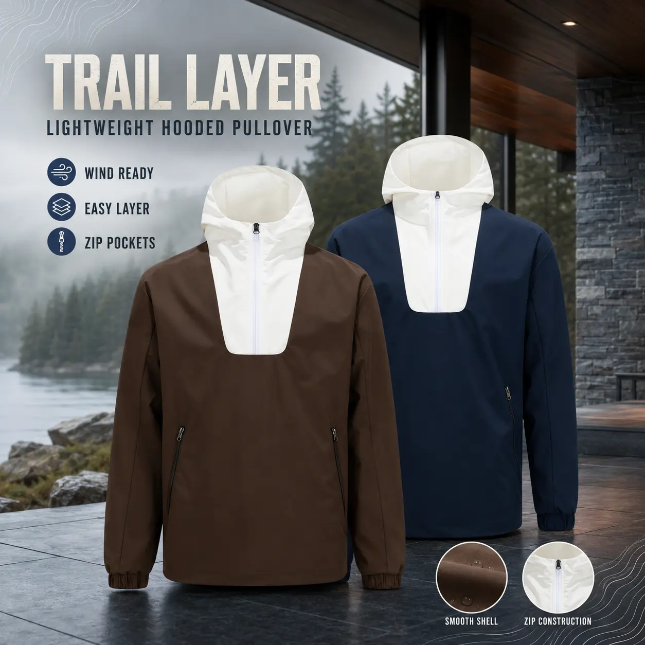 Men Color Block Half Zip Hooded Anorak Jacket Lightweight Windproof Casual Street Windbreaker With Zipper Pockets