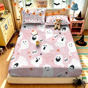(1 fitted sheet + 2 pillowcases, no filler),Halloween Cute Ghost Pattern,Polyester fitted sheet 3-piece bedding set, machine washable, anti-shrink & anti-deform, durable bedding supplies for bedroom and dormitory