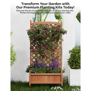 Large Raised Wooden Planter Box with Trellis & Lockable Wheels, Mobile Freestanding Vertical Garden Bed with Drainage Holes, Indoor Outdoor Planter for Herbs, Flowers & Plants