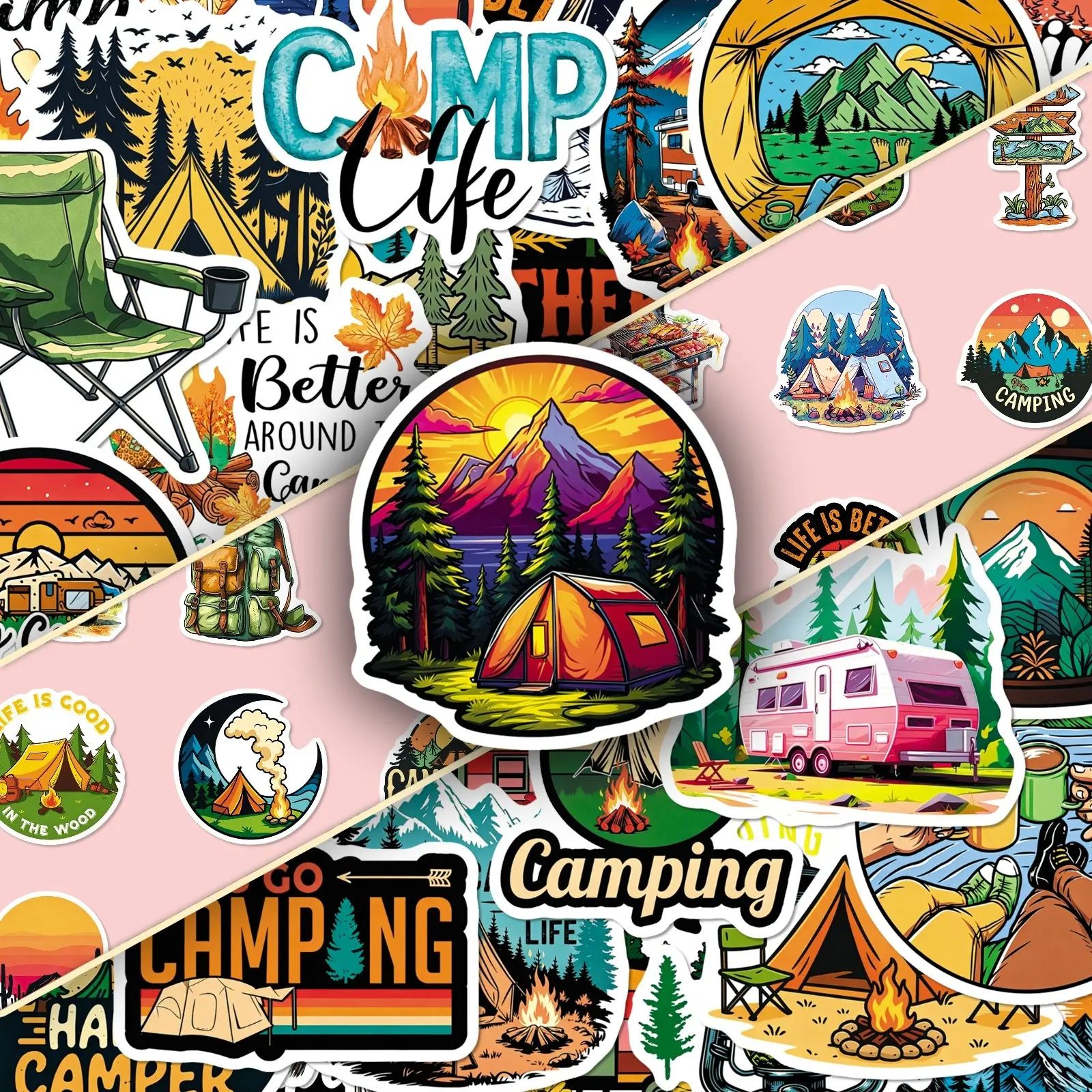 100sheets two sets of repeating American mountain retro camping cartoon stickers outdoor scenery atmosphere creative decorative stickers