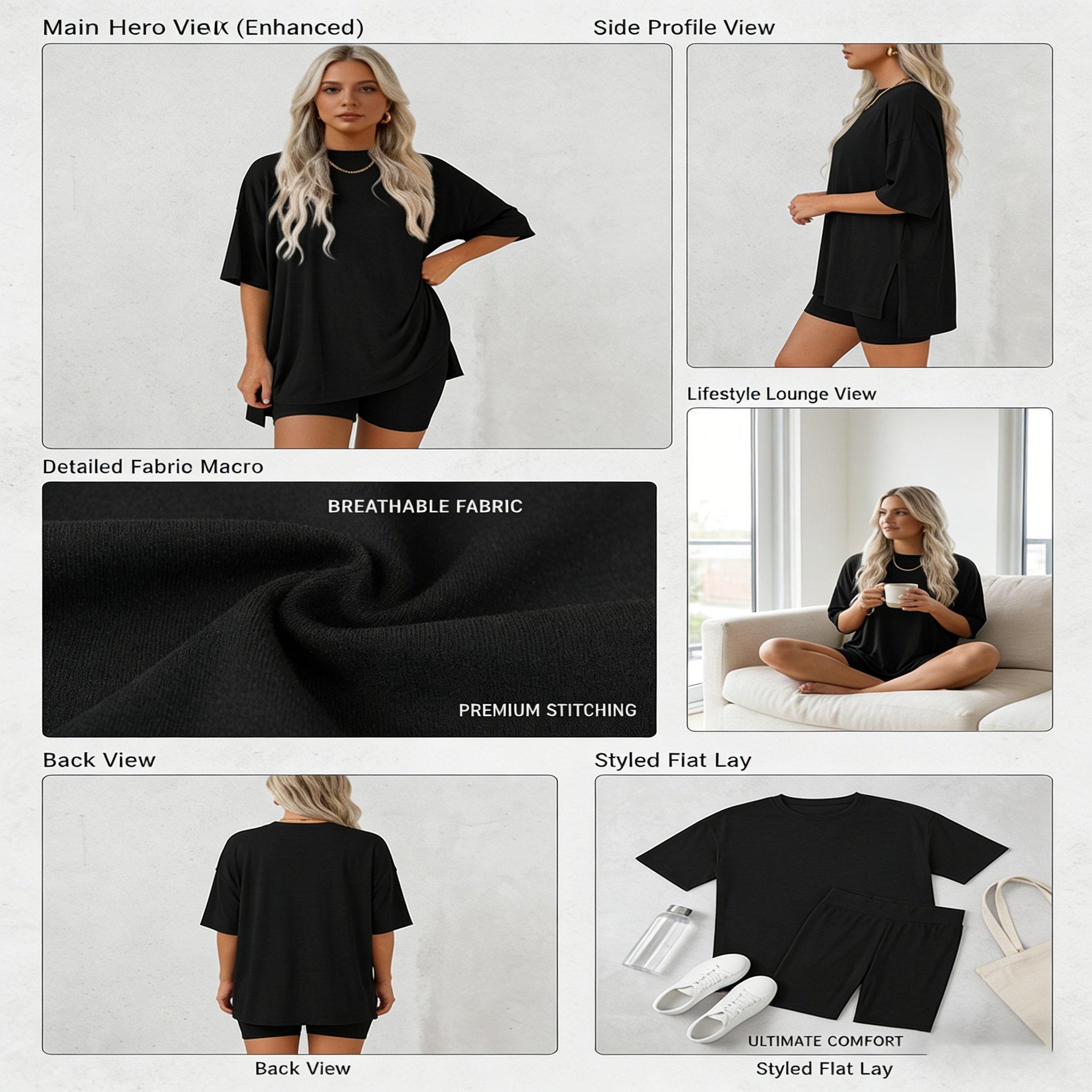 Women’s summer crewneck two-piece loungewear set, ideal for home relaxing. Features an oversized split-hem top and biker shorts with side pockets. Made of soft viscose, it’s lightweight and easy to care for.
