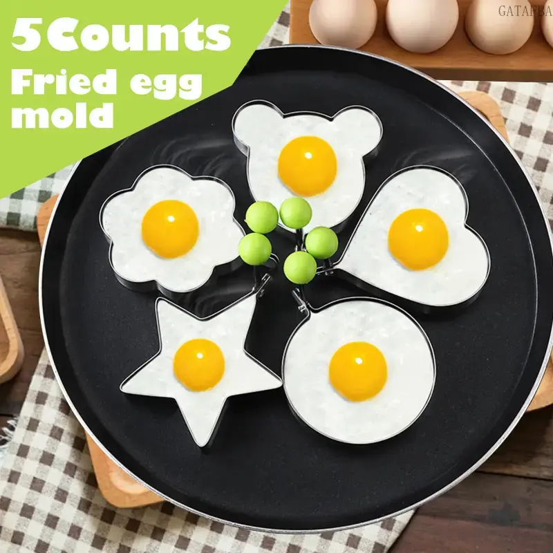 5-Count Stainless Steel Fried Egg Mold Set, Multi-Shape Cooking Rings, Reusable Non-Stick Kitchen Utensils, Easy to Clean for Home Cooking and Camping Use