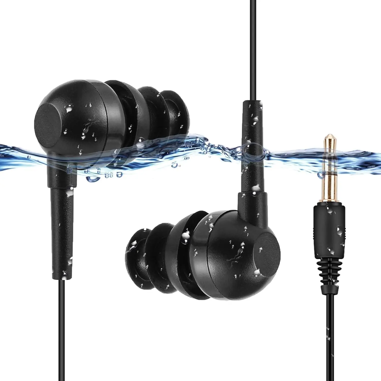 IPX8  in-Ear Earphones, Coiled  Swimming Earbuds with Stereo Audio Extension , Wired,Black