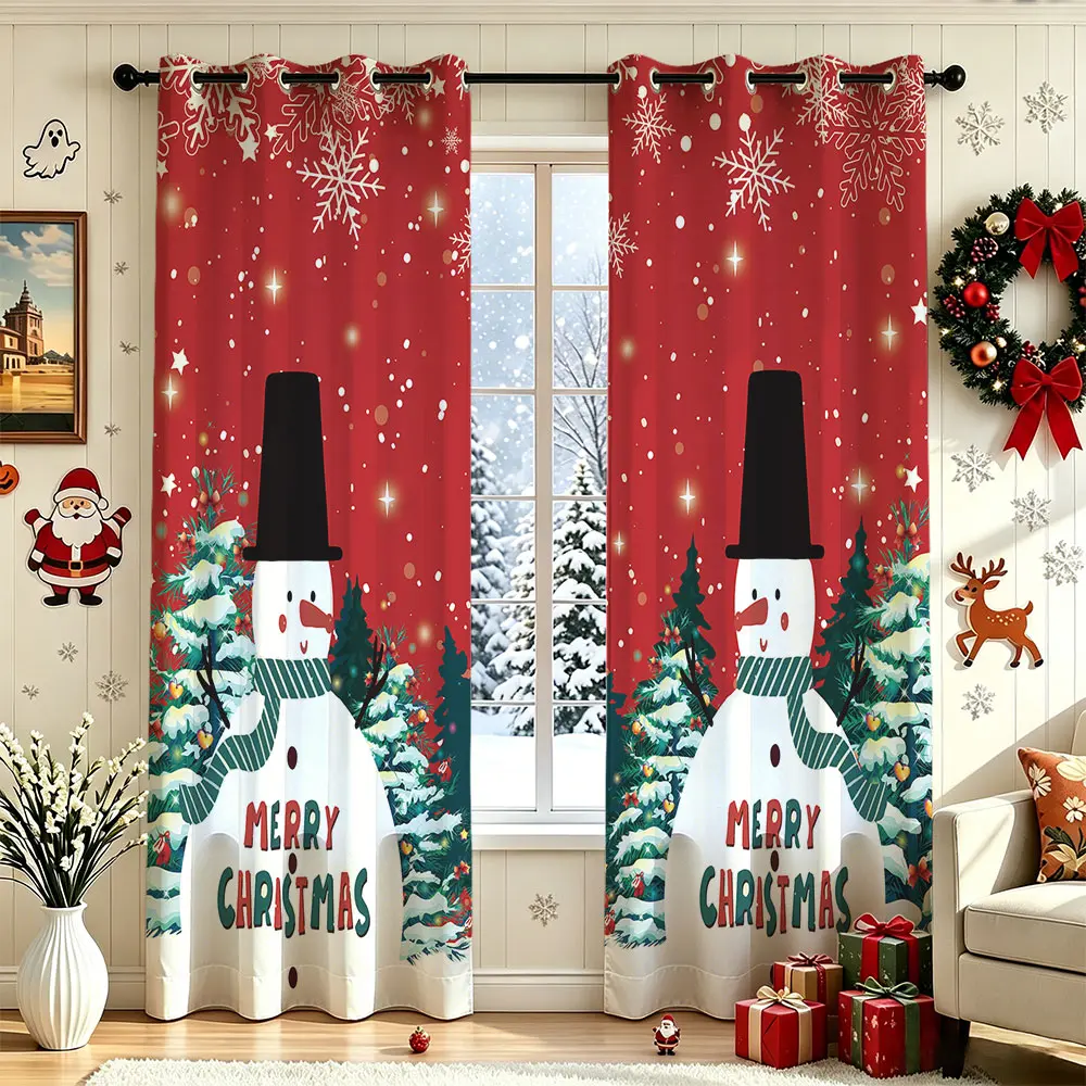 2 Panels 60-65% Blackout Window Curtains, Tall Snowman Pine Tree Print Light Blocking Room Darkening Drapes, Country Xmas Curtain for Bedroom Living Room Decor