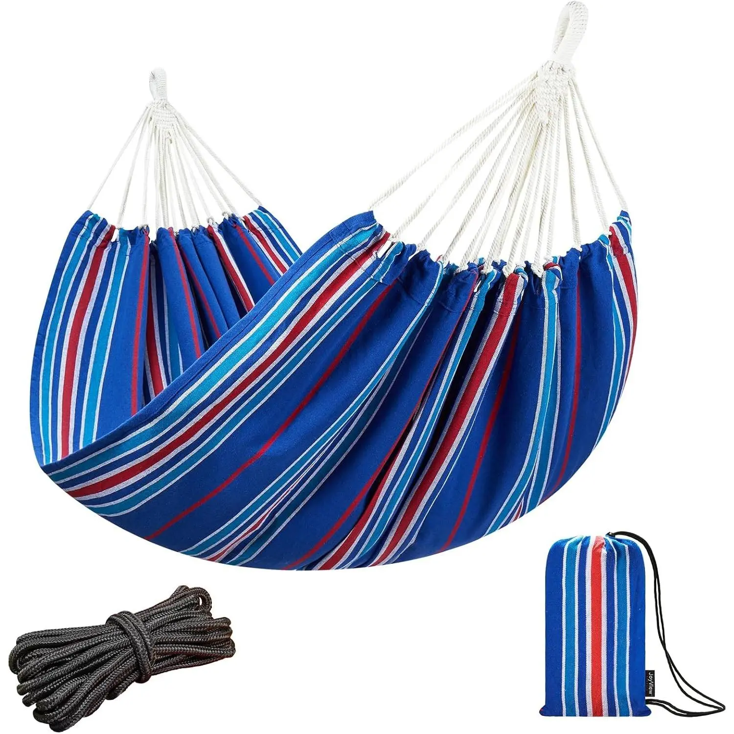Brazilian Double Hammock with Hanging Ropes Extra Large 86.6x59” Portable Cotton Hammock for Patio Backyard Porch 450LBS Weight Capacity Perfect for Outdoor/Indoor - Blue Stripe